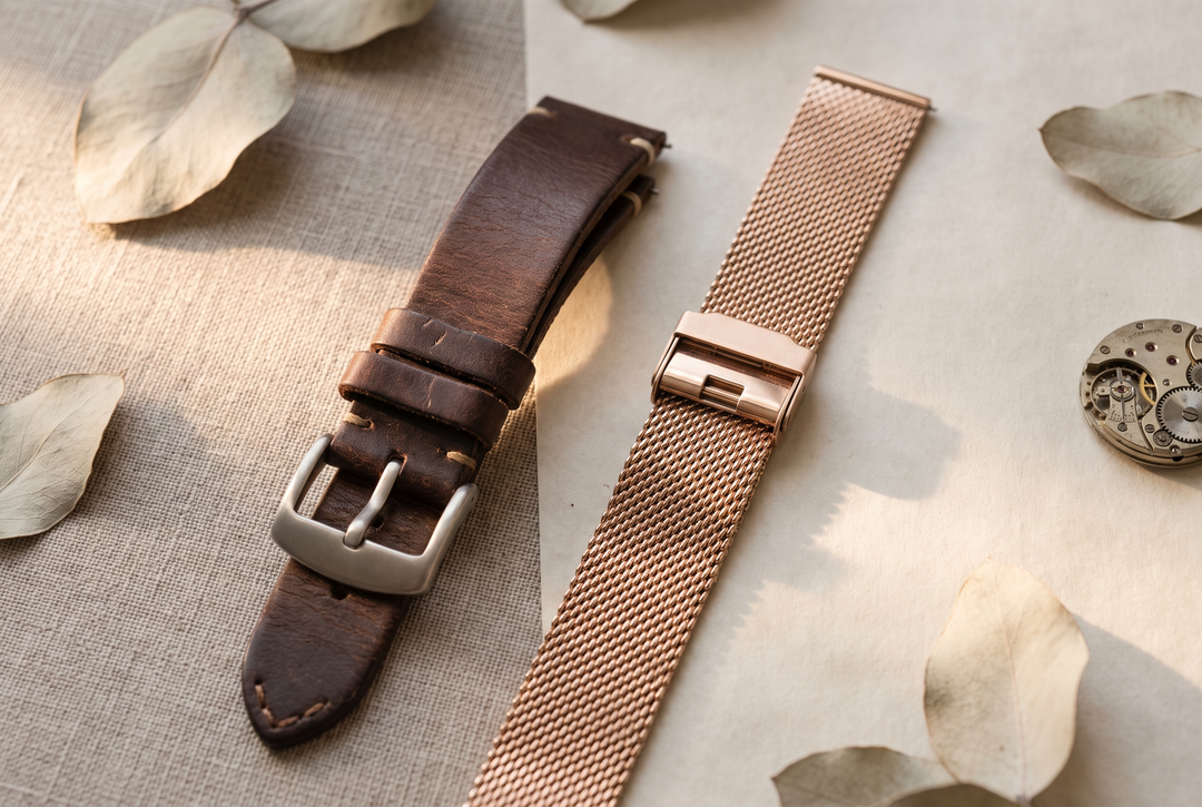 Bracelet en cuir marron et bracelet maille milanaise or rose côte à côte, comparaison des matières