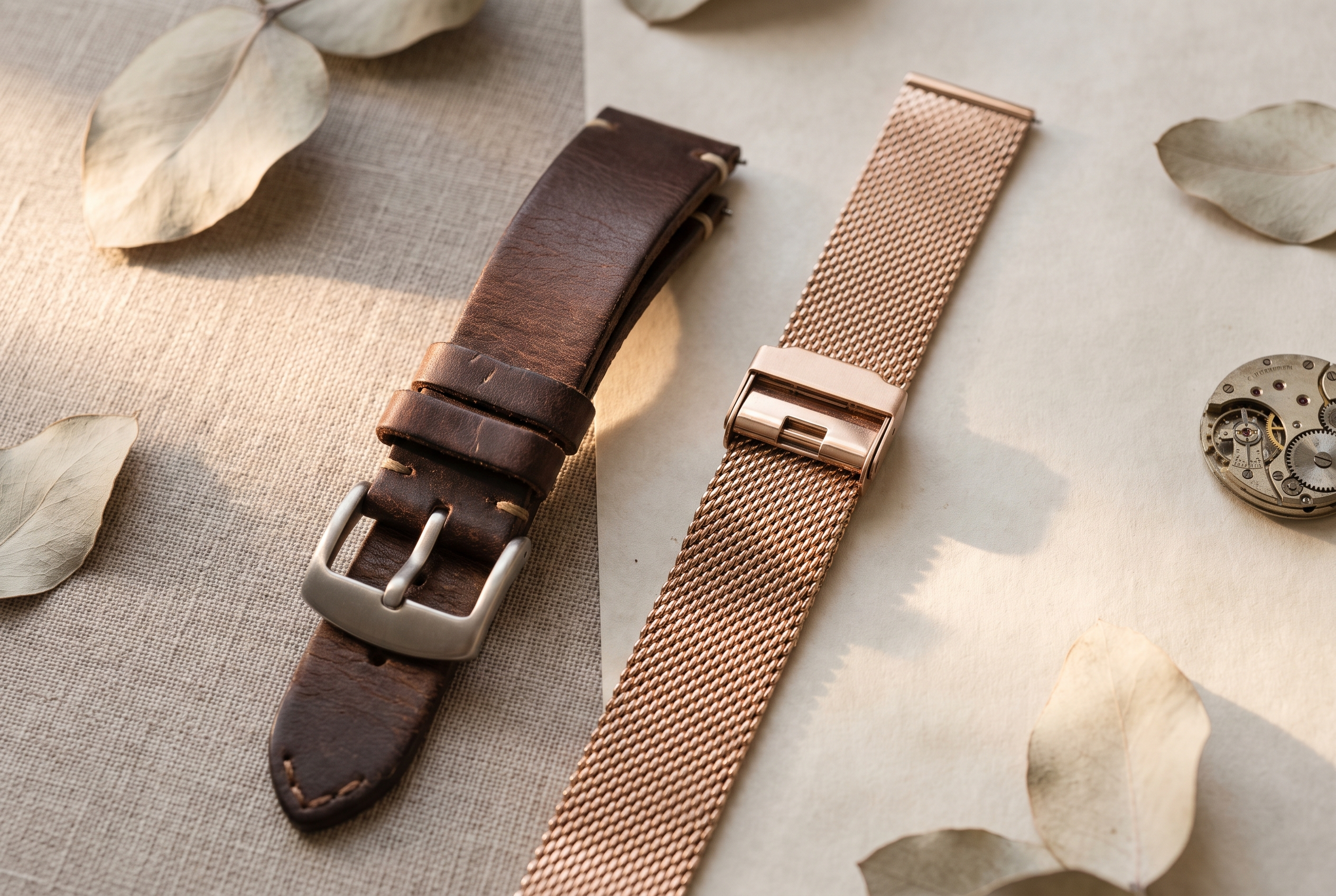 Bracelet en cuir marron et bracelet maille milanaise or rose côte à côte, comparaison des matières