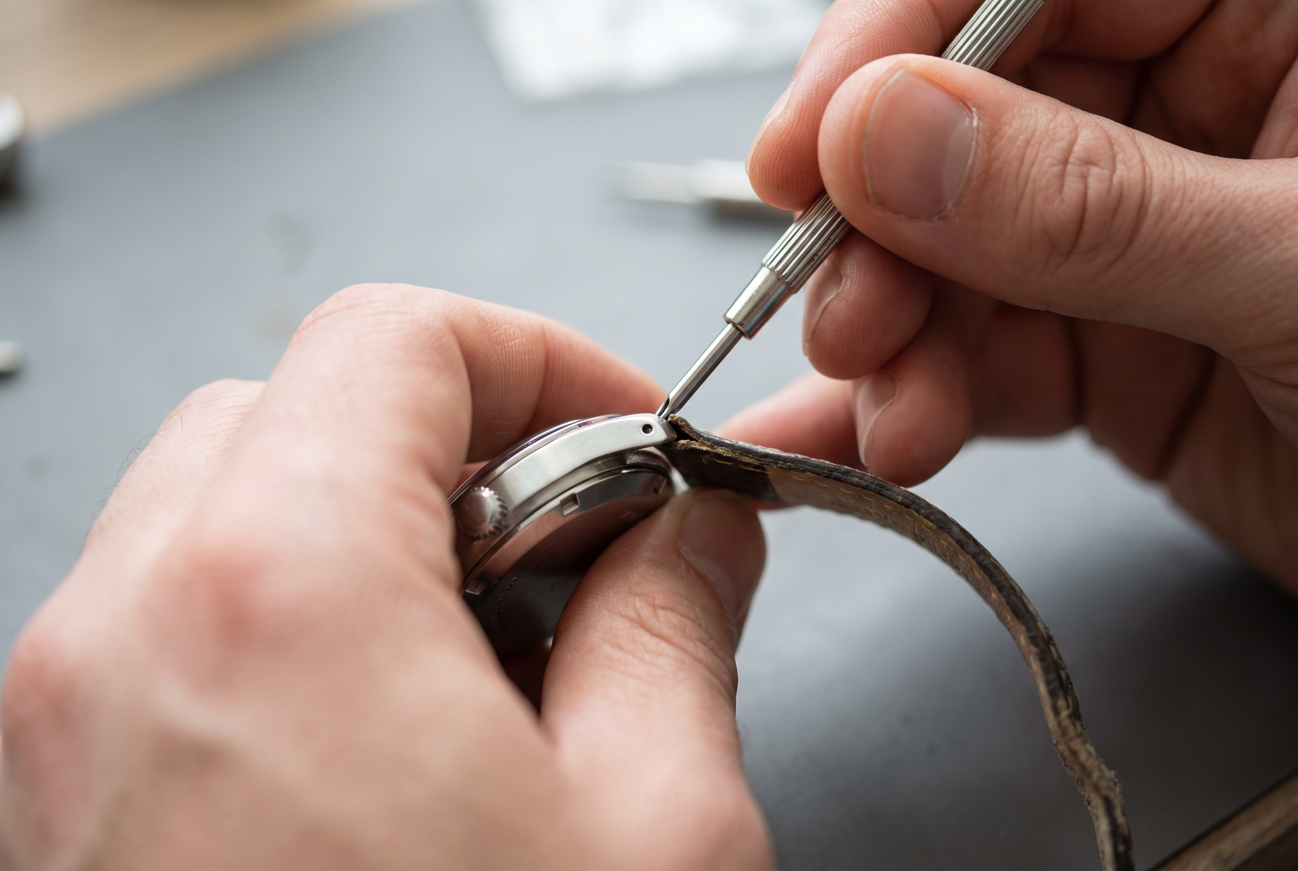Mains utilisant un outil à barrette à ressort pour détacher le bracelet d'une montre en acier