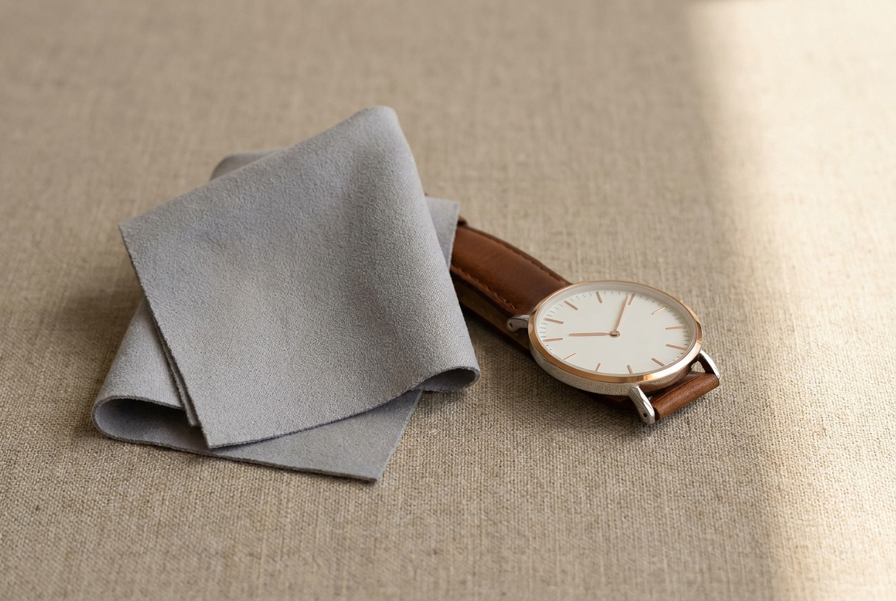 Chiffon microfibre posé à côté d'une montre en acier poli à cadran blanc, entretien quotidien