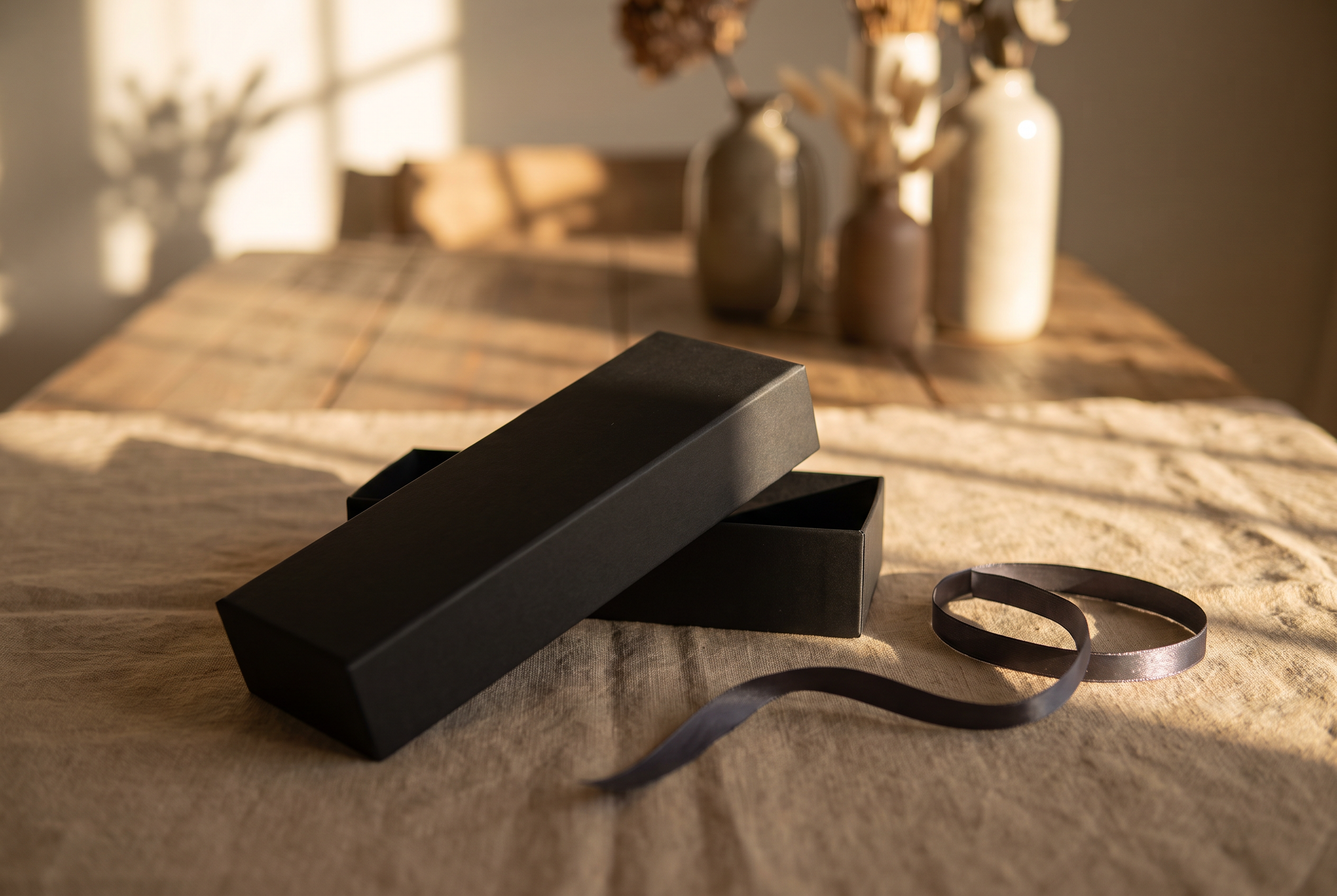 Coffret cadeau noir mat entrouvert avec un ruban satiné posé à côté, lumière chaude de fin de journée