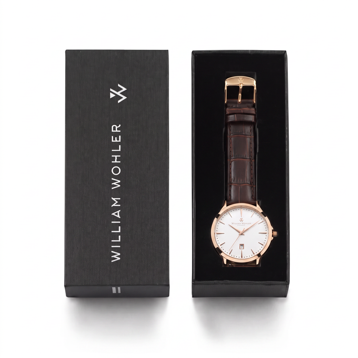 Montre homme Ambre William Wohler présentée dans son coffret cadeau noir