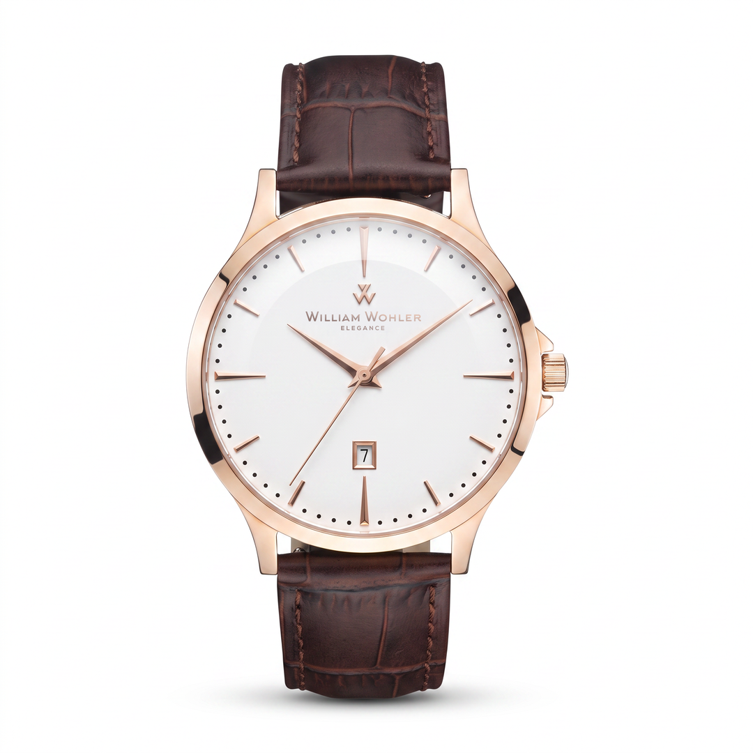 Montre homme Ambre William Wohler — boîtier or rose 41 mm, bracelet cuir alligator marron, cadran blanc coquille d'œuf, vue de face