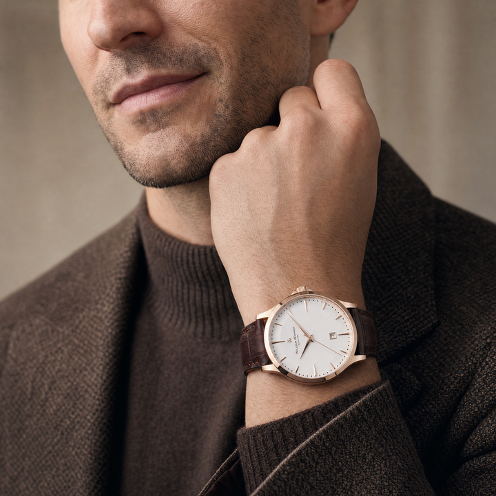 Montre homme Ambre William Wohler portée au poignet — boîtier or rose 41 mm et bracelet cuir marron