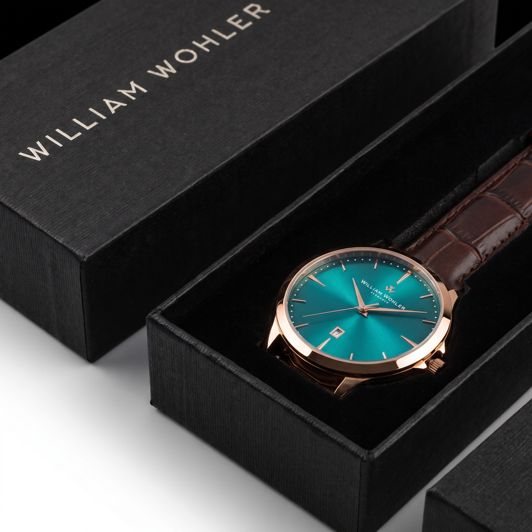 Montre homme Ambre Turquoise William Wohler présentée dans son coffret cadeau noir