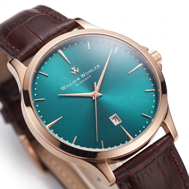 Montre homme Ambre Turquoise William Wohler de trois quarts — boîtier or rose 41 mm, cadran turquoise, bracelet cuir alligator marron
