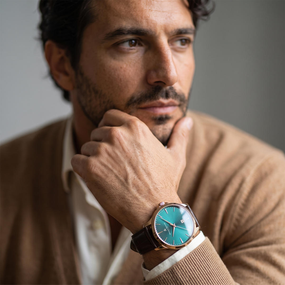 Montre homme Ambre Turquoise William Wohler au poignet, gros plan sur le cadran turquoise lumineux