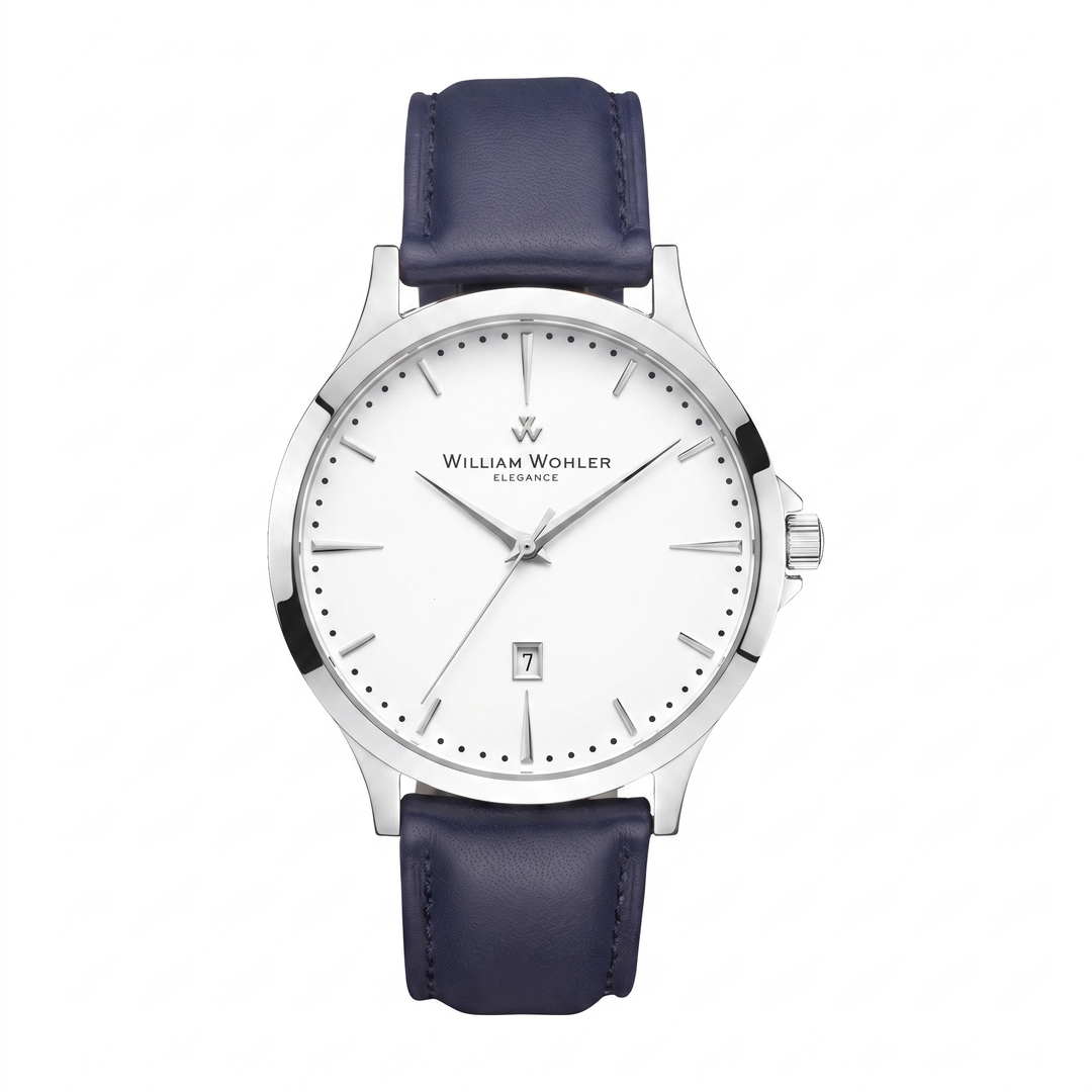 Montre homme Azurite William Wohler — boîtier argenté 41 mm, bracelet cuir bleu, cadran blanc, vue de face