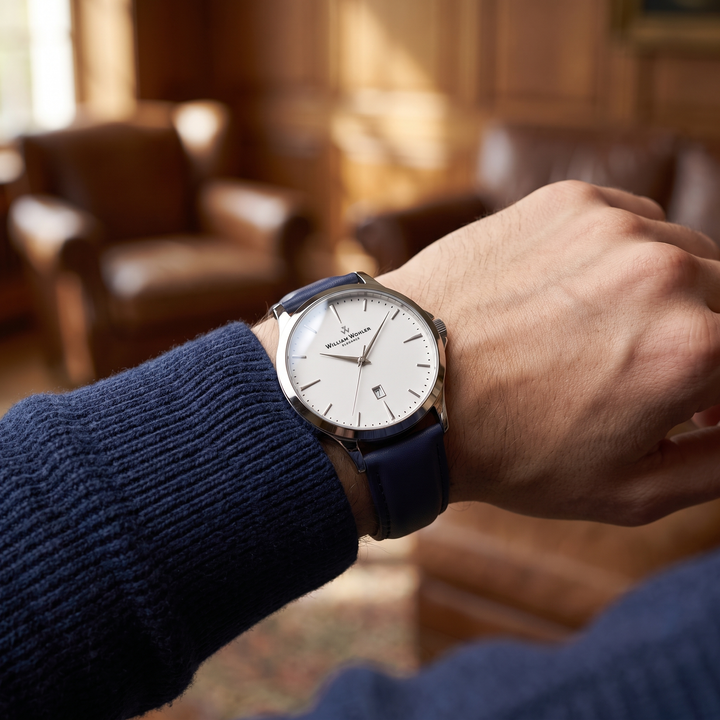 Montre homme Azurite William Wohler portée au poignet — boîtier argenté 41 mm et bracelet cuir bleu