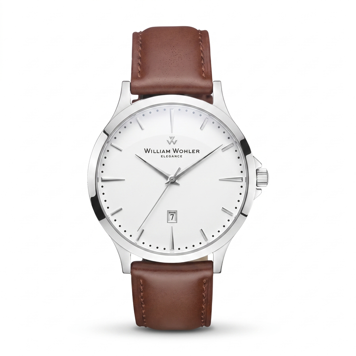 Montre homme Bronzite William Wohler — boîtier argenté 41 mm, bracelet cuir marron, cadran blanc, vue de face