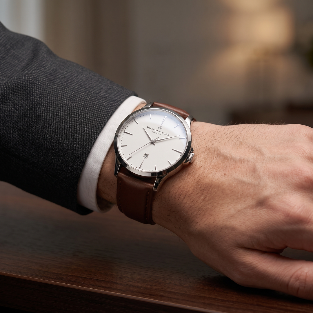 Montre homme Bronzite William Wohler au poignet, gros plan sur le cadran blanc et le cuir marron