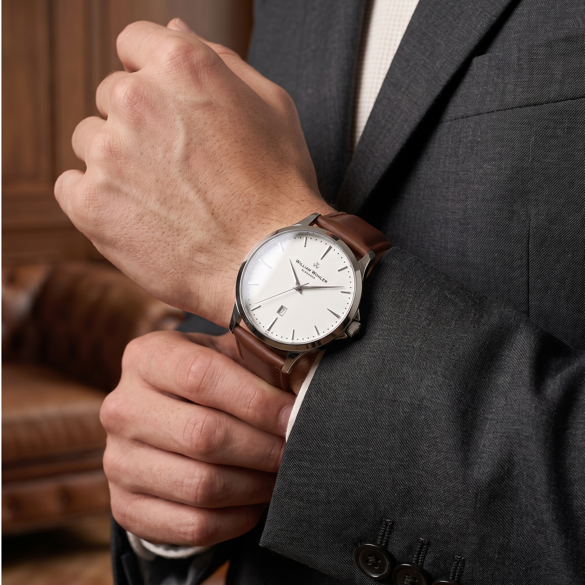 Modèle portant la montre homme Bronzite William Wohler, bracelet cuir marron aux reflets chauds