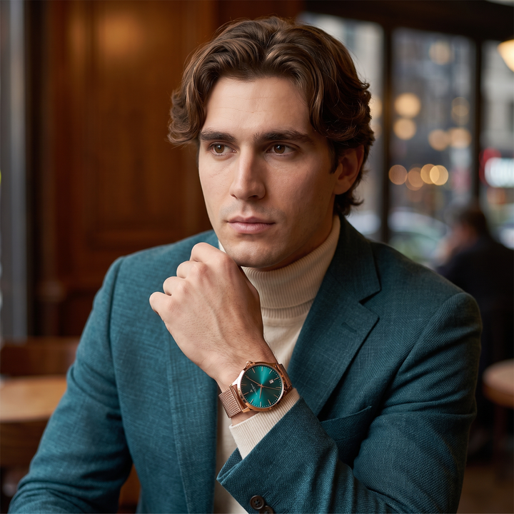 Montre homme Émeraude Dorée William Wohler portée au poignet — maille milanaise or rose et cadran bleu océan