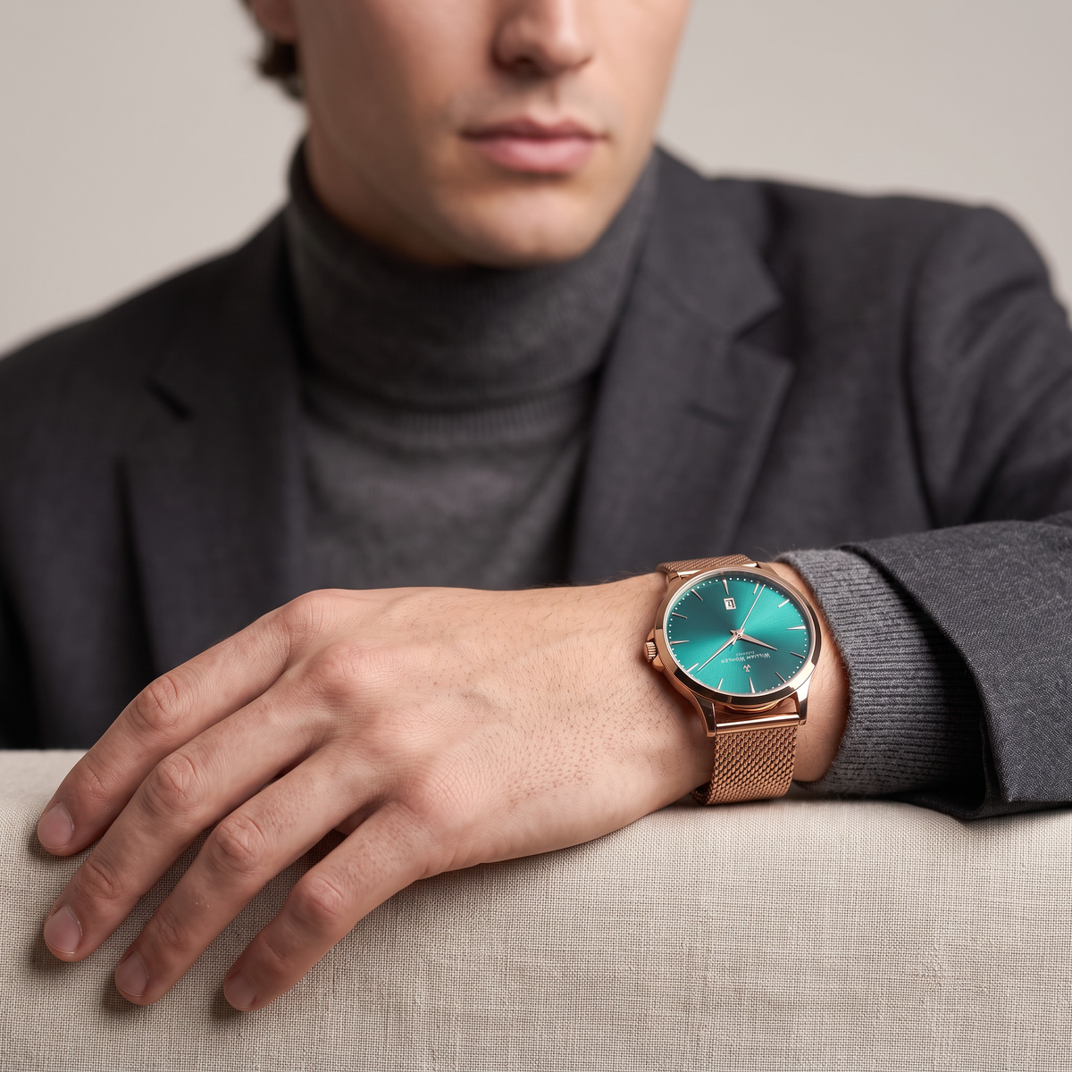 Modèle portant la montre homme Émeraude Dorée William Wohler, bracelet maille milanaise or rose