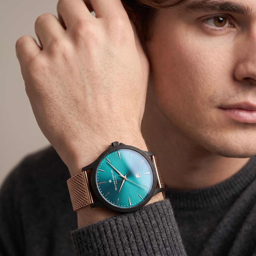 Montre homme Émeraude Éclat de Noir William Wohler portée au poignet — boîtier noir mat et maille milanaise or rose