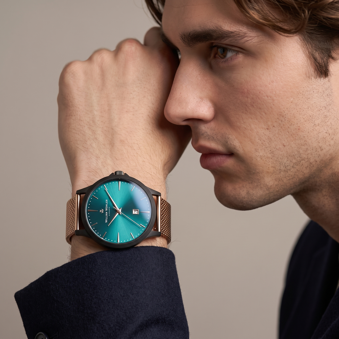 Montre homme Émeraude Éclat de Noir William Wohler au poignet, gros plan sur le cadran bleu océan
