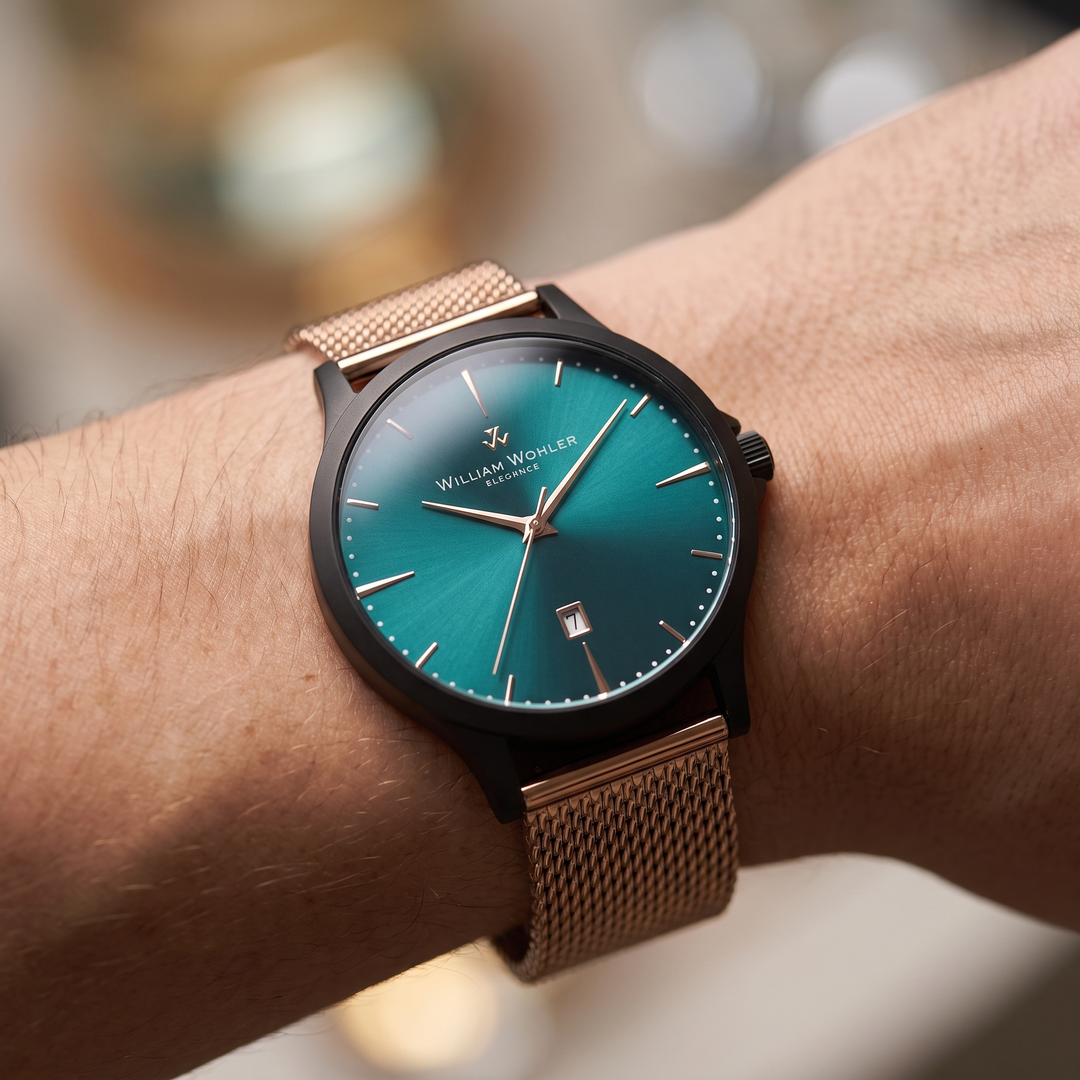 Modèle portant la montre homme Émeraude Éclat de Noir William Wohler, boîtier noir mat 41 mm