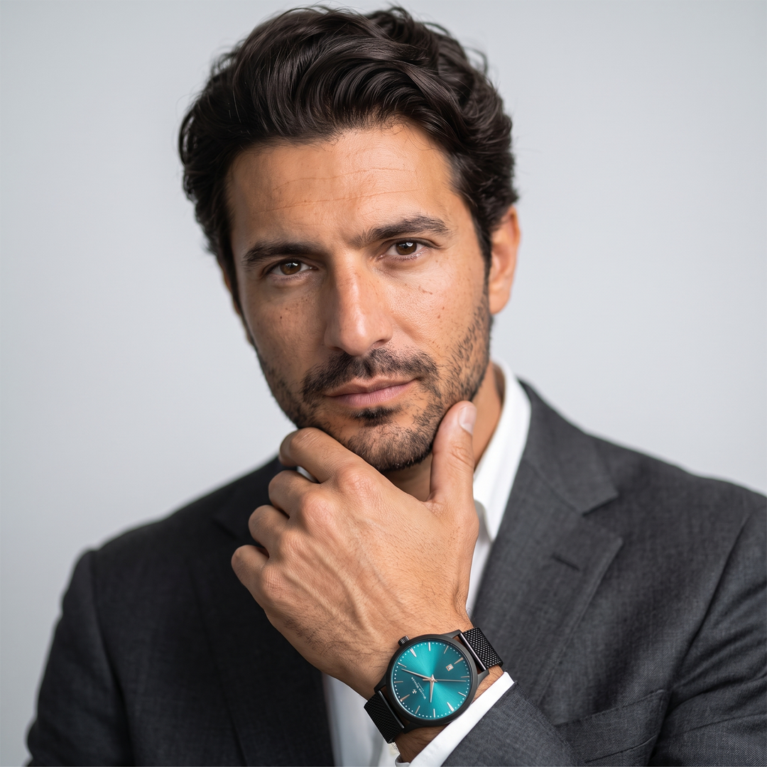Montre homme Émeraude Noire William Wohler portée au poignet — maille milanaise noire 41 mm et cadran bleu océan