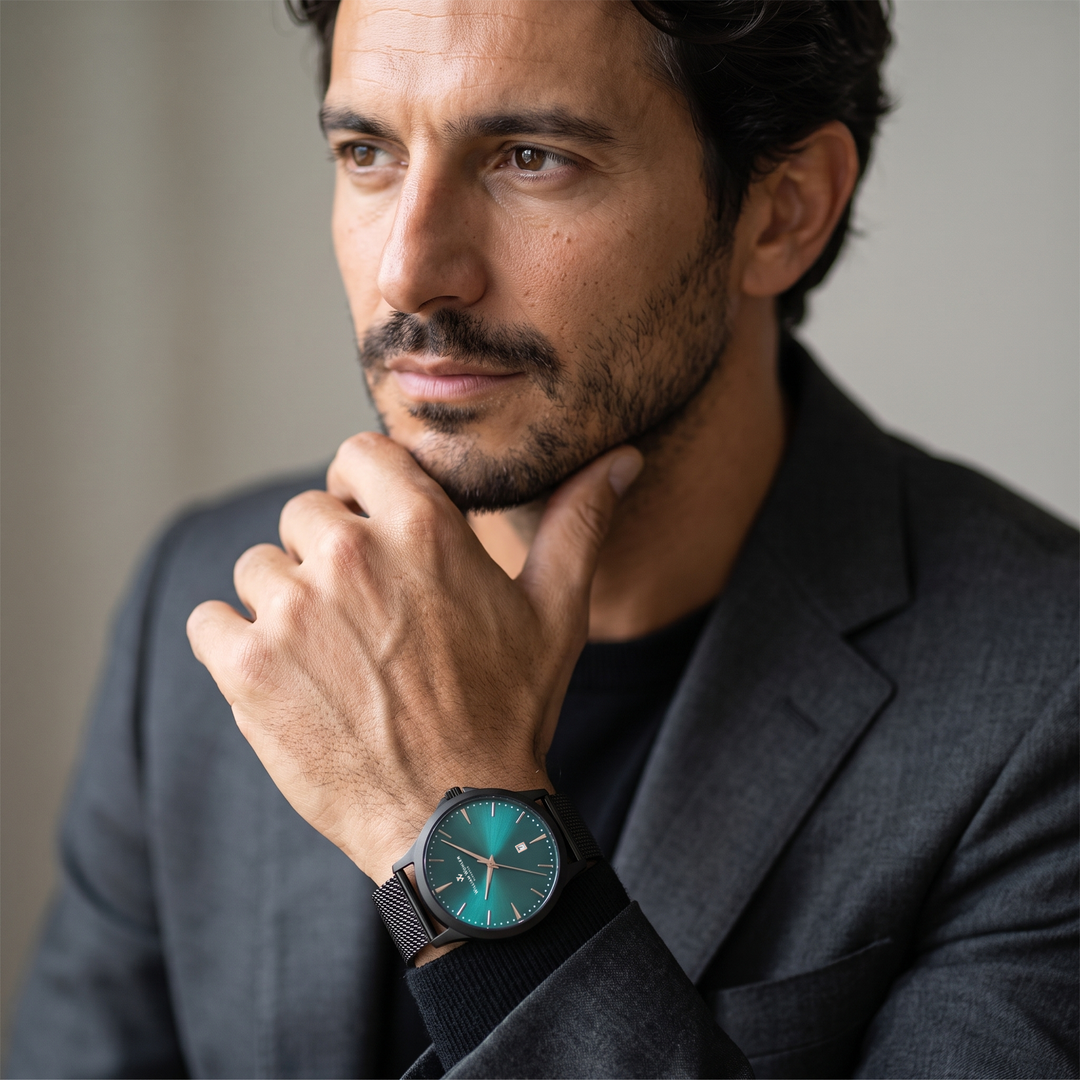 Montre homme Émeraude Noire William Wohler au poignet, maille milanaise noire et reflets sur le cadran