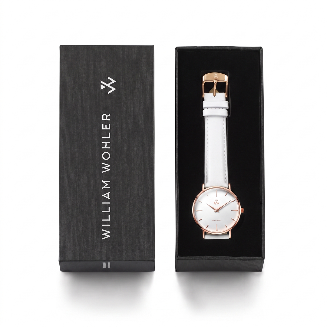 Montre femme Muguet William Wohler présentée dans son coffret cadeau noir