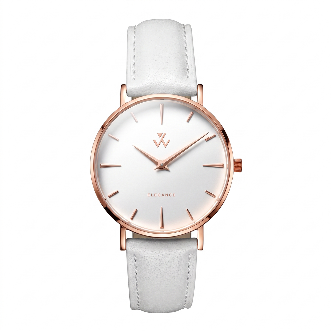 Montre femme Muguet William Wohler — boîtier or rose 36 mm, bracelet cuir blanc, cadran blanc coquille d'œuf, vue de face