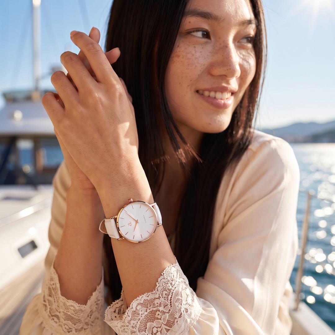 Montre femme Muguet William Wohler au poignet, gros plan sur le cadran et le bracelet cuir blanc