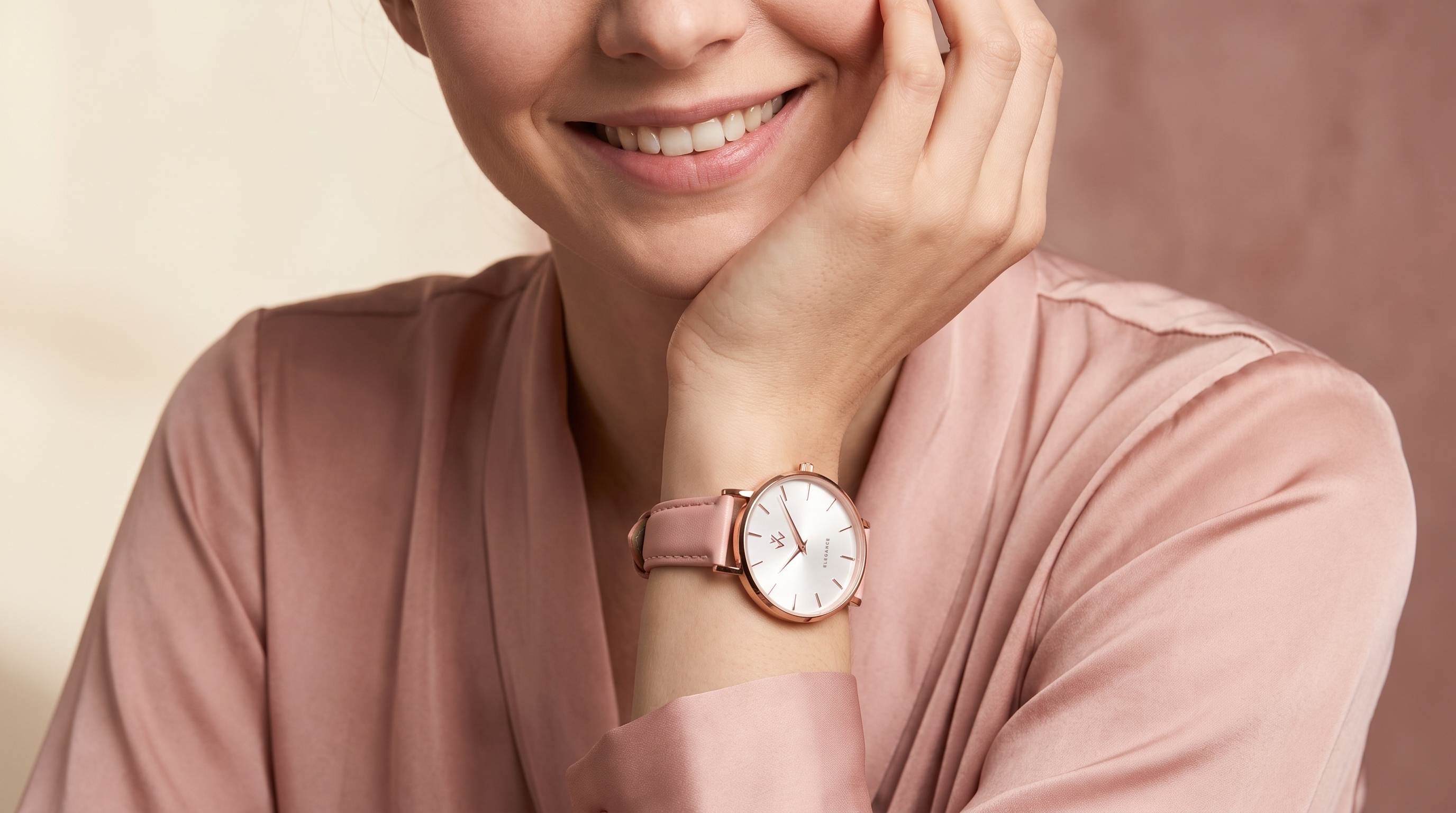 Montre femme Orchidée d'Or William Wohler portée au poignet, boîtier or rose 36 mm et cuir rose dragée