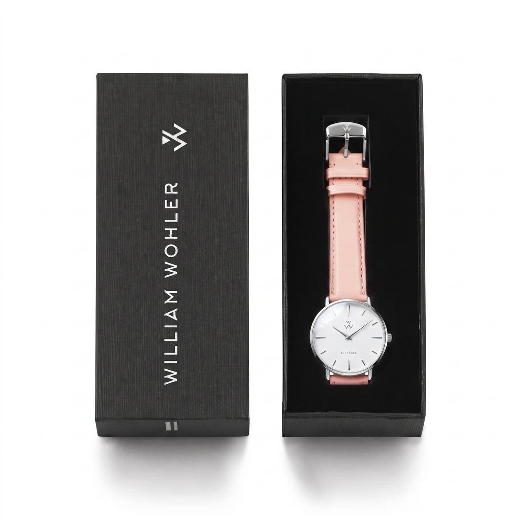 Montre femme Orchidée William Wohler présentée dans son coffret cadeau noir