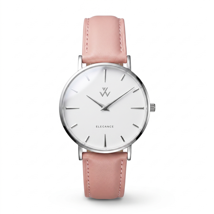 Montre femme Orchidée William Wohler — boîtier argenté 36 mm, bracelet cuir rose dragée, cadran blanc, vue de face