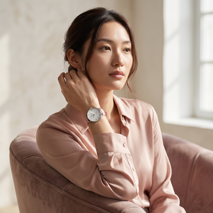 Montre femme Orchidée William Wohler portée au poignet — boîtier argenté 36 mm et bracelet cuir rose dragée