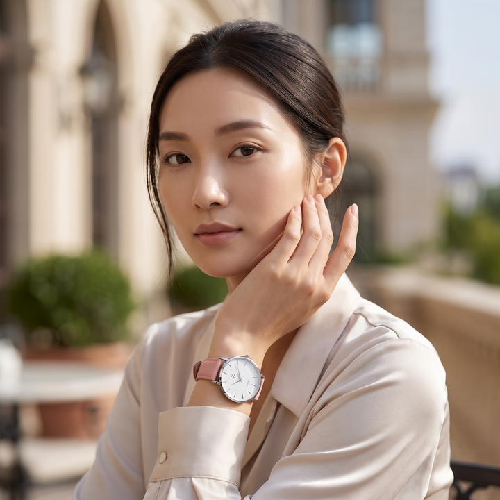 Montre femme Orchidée William Wohler au poignet, gros plan sur le cadran blanc et le cuir rose