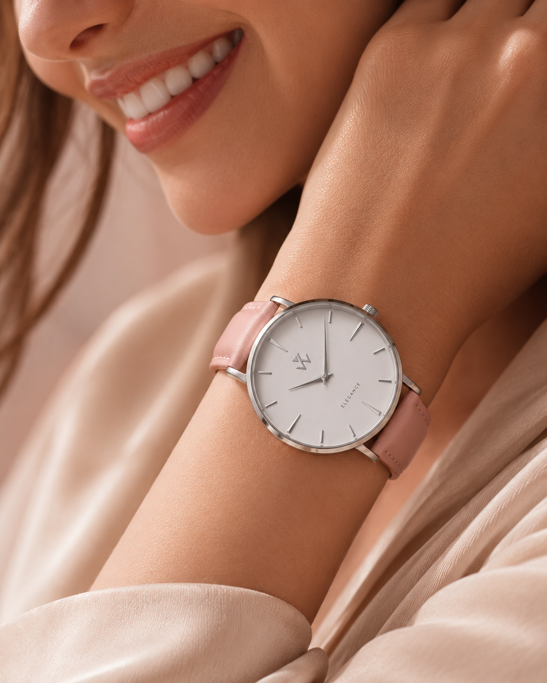 Montre femme Orchidée William Wohler portée avec une tenue élégante, bracelet cuir rose dragée