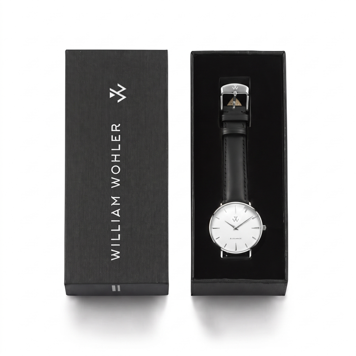 Montre femme Reine de Nuit William Wohler présentée dans son coffret cadeau noir