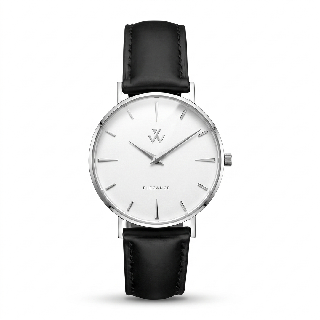 Montre femme Reine de Nuit William Wohler — boîtier argenté 36 mm, bracelet cuir noir, cadran blanc, vue de face