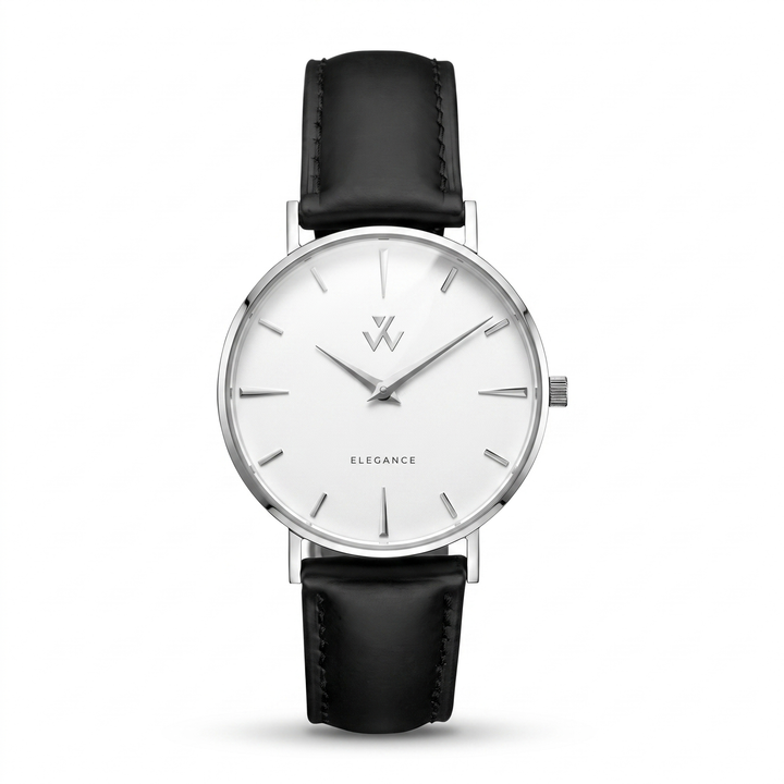 Montre femme Reine de Nuit William Wohler — boîtier argenté 36 mm, bracelet cuir noir, cadran blanc, vue de face