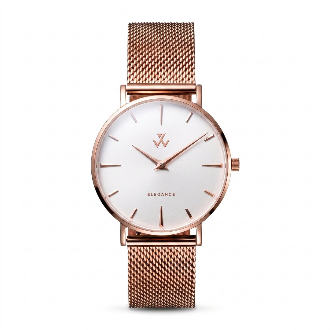 Montre femme Reine d'Or William Wohler — boîtier or rose 36 mm, bracelet maille milanaise or rose, cadran blanc, vue de face