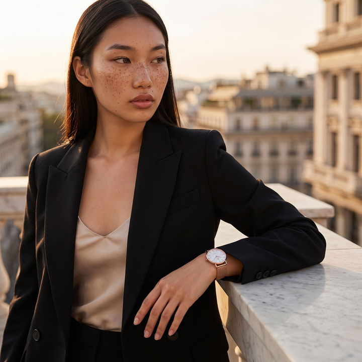 Modèle portant la montre femme Reine d&