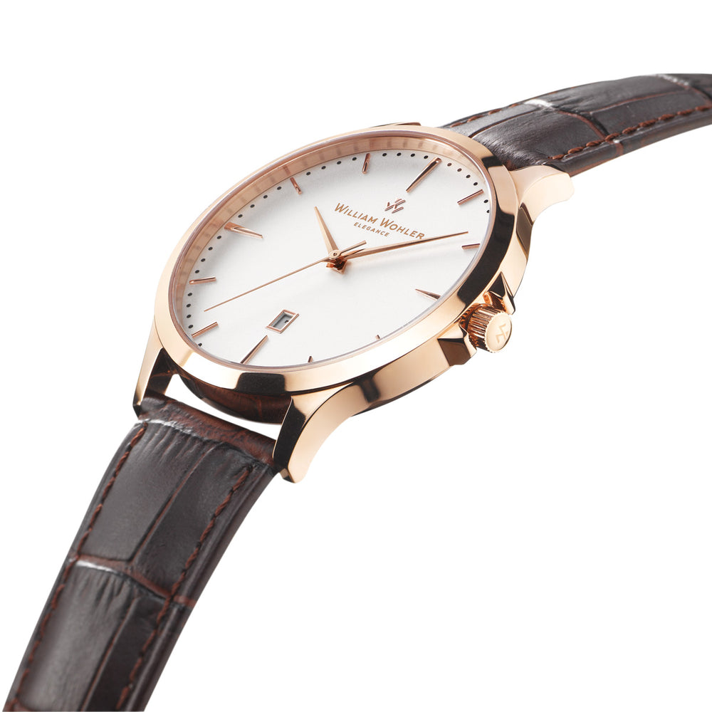 Montre homme Ambre William Wohler — boîtier or rose 41 mm, bracelet cuir alligator marron, cadran blanc coquille d'œuf