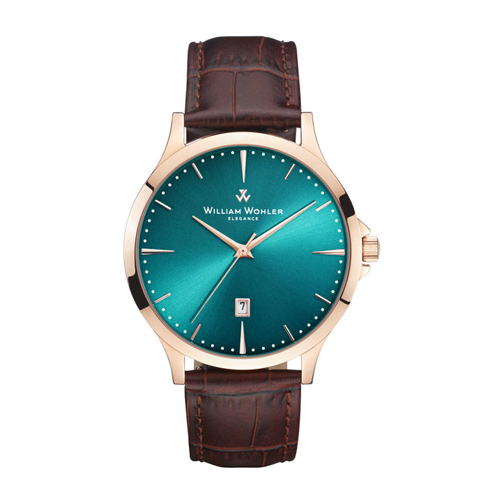 Montre homme Ambre Turquoise William Wohler — boîtier or rose 41 mm, bracelet cuir alligator marron, cadran turquoise
