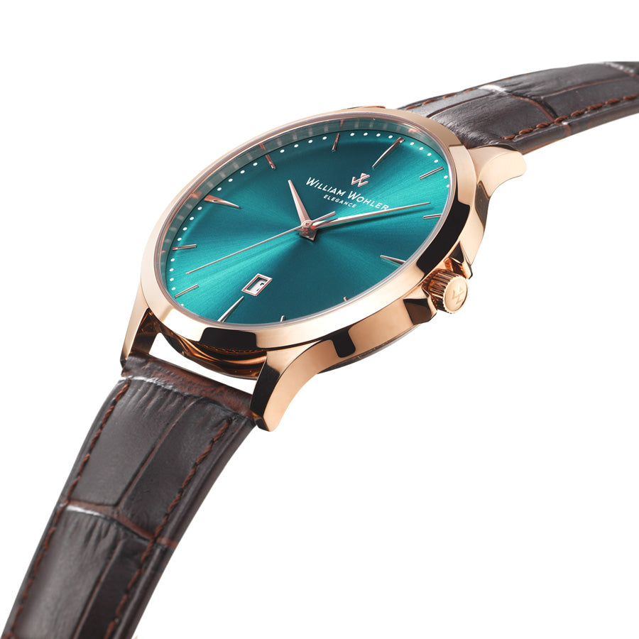 Montre homme Ambre Turquoise William Wohler — boîtier or rose 41 mm, bracelet cuir alligator marron, cadran turquoise