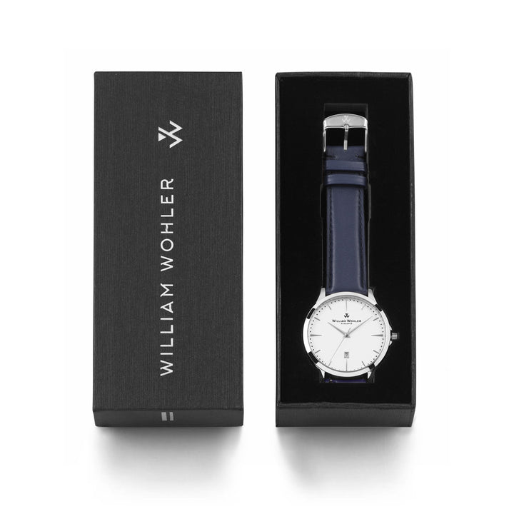 Montre homme Azurite William Wohler — boîtier argenté 41 mm, bracelet cuir bleu, cadran blanc