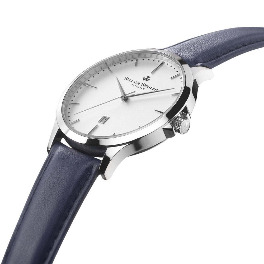 Montre homme Azurite William Wohler — boîtier argenté 41 mm, bracelet cuir bleu, cadran blanc