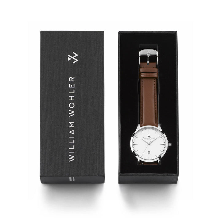 Montre homme Bronzite William Wohler — boîtier argenté 41 mm, bracelet cuir marron, cadran blanc