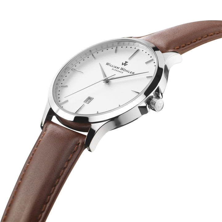 Montre homme Bronzite William Wohler — boîtier argenté 41 mm, bracelet cuir marron, cadran blanc