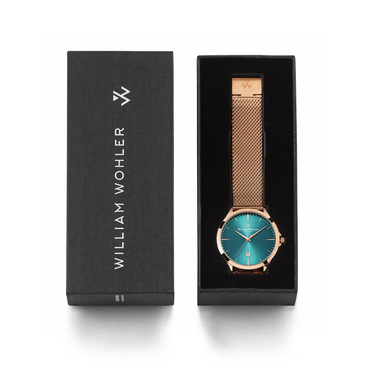 Montre homme Émeraude Dorée William Wohler — boîtier et bracelet maille milanaise or rose 41 mm, cadran bleu océan