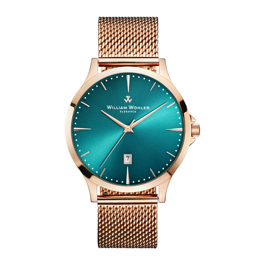 Montre homme Émeraude Dorée William Wohler — boîtier et bracelet maille milanaise or rose 41 mm, cadran bleu océan