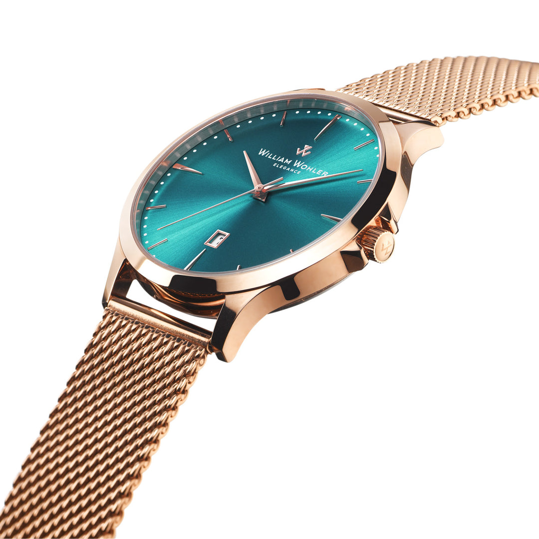Montre homme Émeraude Dorée William Wohler — boîtier et bracelet maille milanaise or rose 41 mm, cadran bleu océan