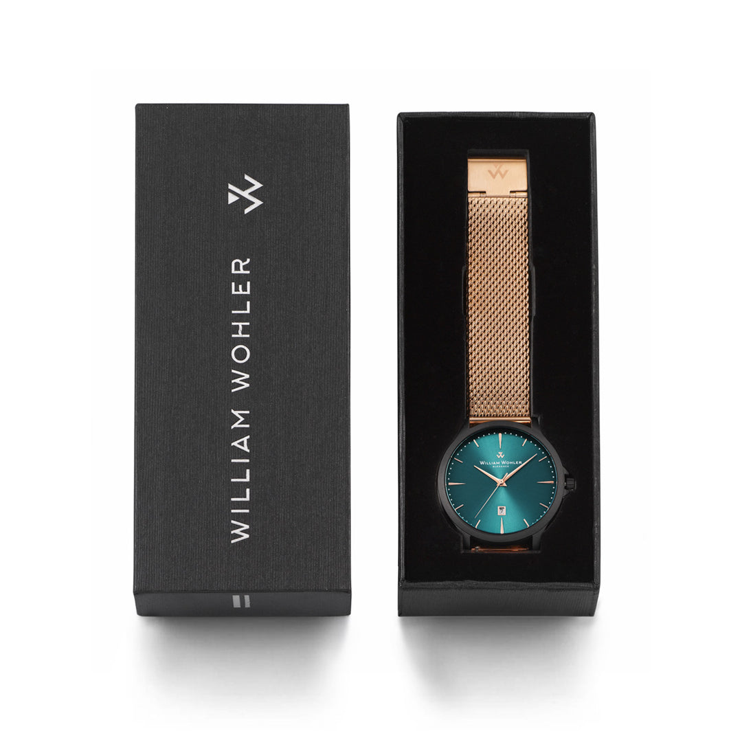 Montre homme Émeraude Éclat de Noir William Wohler — boîtier noir mat, bracelet maille milanaise or rose 41 mm, cadran bleu océan