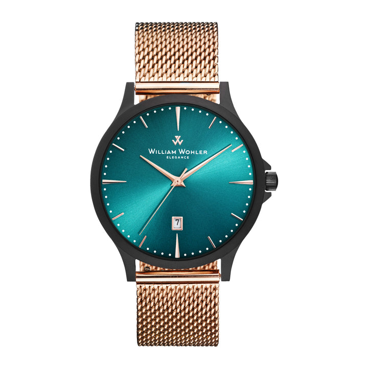 Montre homme Émeraude Éclat de Noir William Wohler — boîtier noir mat, bracelet maille milanaise or rose 41 mm, cadran bleu océan