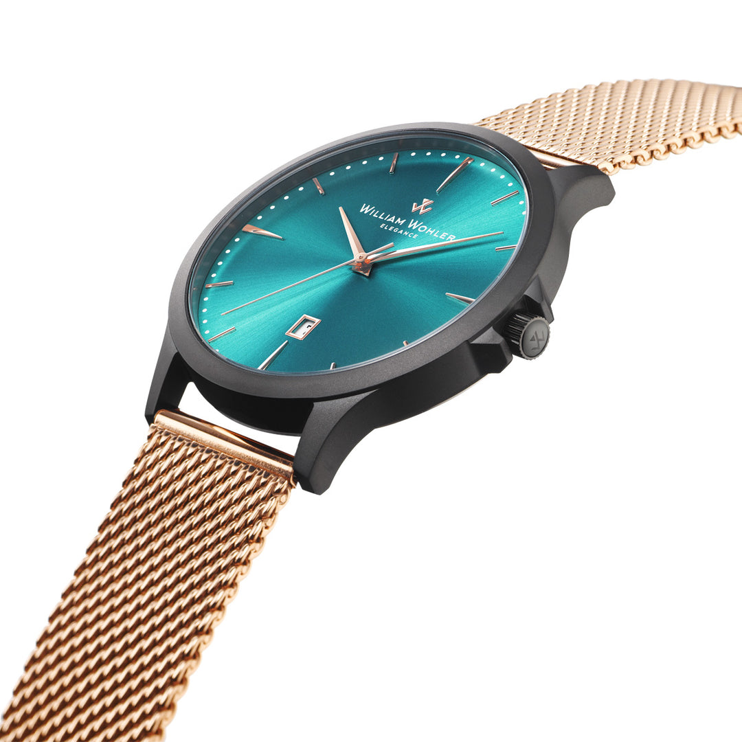 Montre homme Émeraude Éclat de Noir William Wohler — boîtier noir mat, bracelet maille milanaise or rose 41 mm, cadran bleu océan